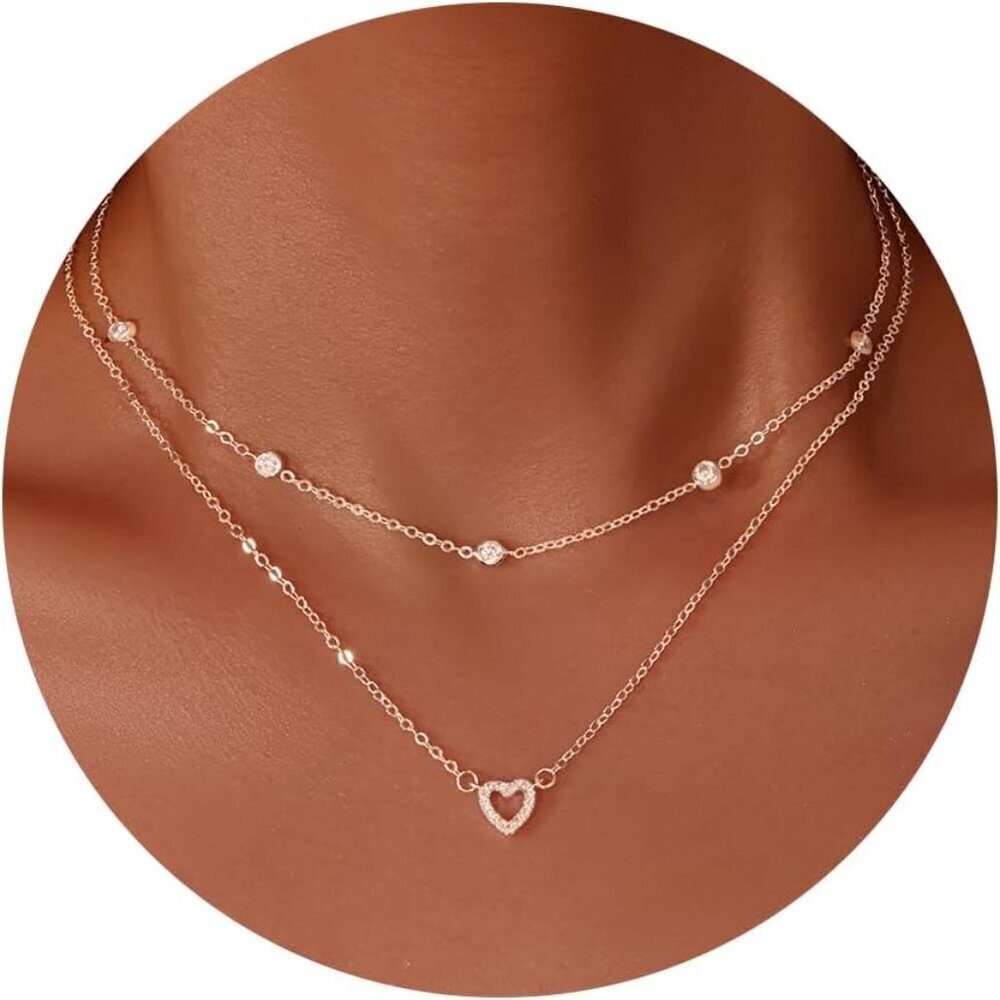 Heart Pendant Necklace Silver plated Zircon Adjustable layered jewelry set